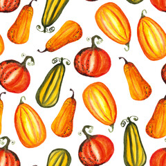 seamless pattern of watercolor pumpkins on white background, hand painted illustration elements