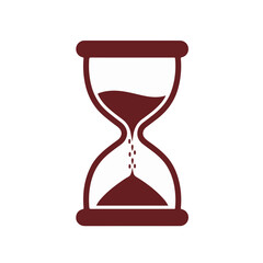 Modern hourglass and flowing dark red sand on white background time
