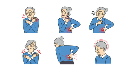 Elderly people experiencing various types of bodily discomfort and pain through illustrations