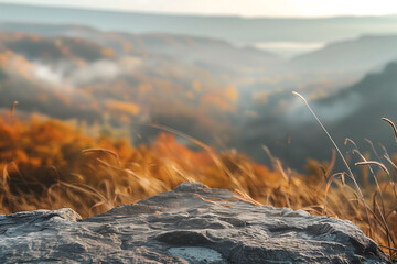 Scenic rock backdrop with autumn foliage and dreamy bokeh effects