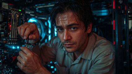 A technician works with a computer in a data center.