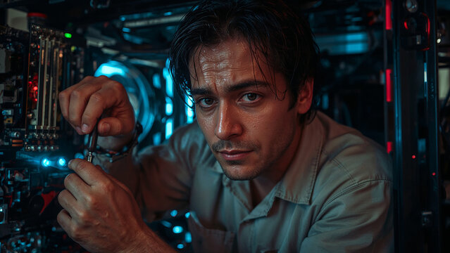 A technician works with a computer in a data center.