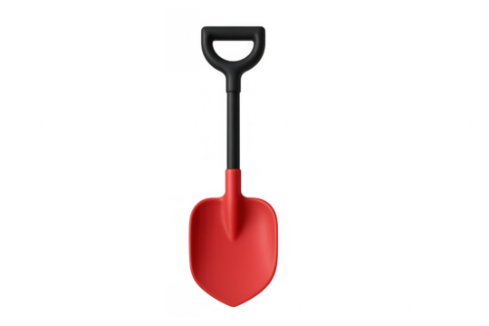 Red shovel with black handle, 3d-rendered against transparent background, highlighting industrial and gardening applications
