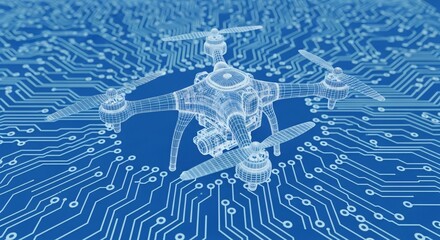 Futuristic drone blueprint wire frame design hovers over glowing blue circuit board technology