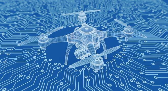 Futuristic drone blueprint wire frame design hovers over glowing blue circuit board technology