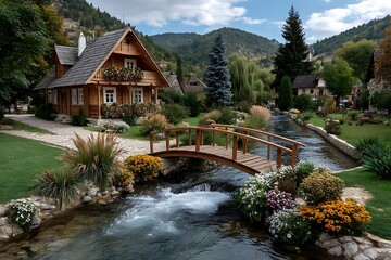 Obraz premium Traditional japanese house by colorful flower stream high resolution image