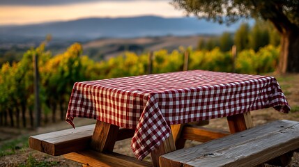 Picnic table with red gingham cloth overlooking vineyards at sunset