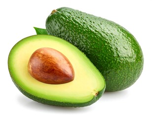 Two avocados, one whole and one halved, on a white background
