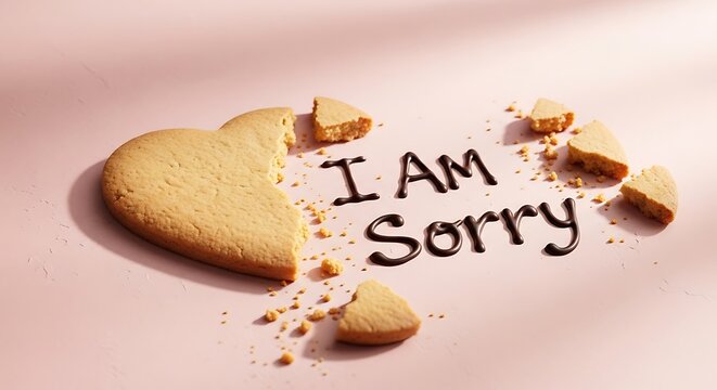 Broken heart-shaped cookie with "I am sorry" written on a pink background.