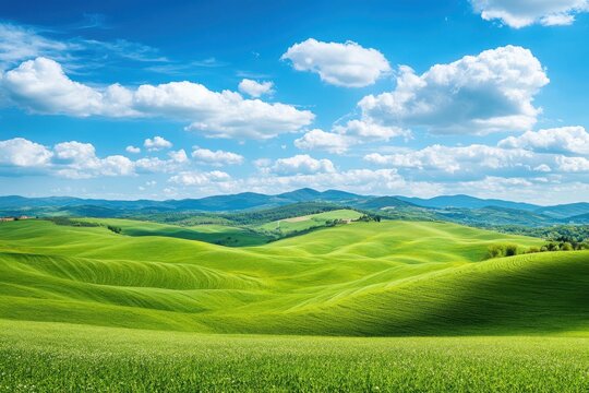 Verdant rolling hills under a vast blue sky green clouds