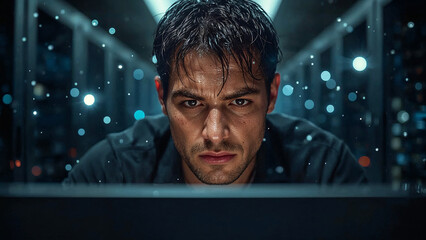 A technician works with a computer in a data center.