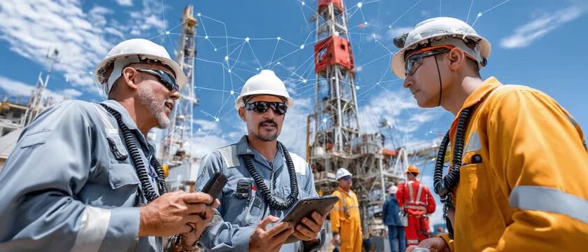 Energy Engineers Collaboration: Oil and gas engineers collaborate, planning operations, in a dynamic setting.