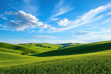 Verdant rolling hills under a vast blue sky with wispy clouds green landscape