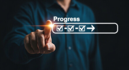 Successful execution shown as progress checklist is activated with finger touch for business growth concept