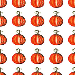 seamless pattern of watercolor pumpkins on white background, hand painted illustration elements