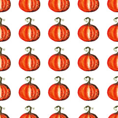 seamless pattern of watercolor pumpkins on white background, hand painted illustration elements