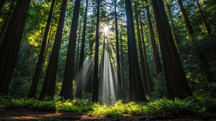 Fototapeta premium Sunlight filtering through Redwood trees