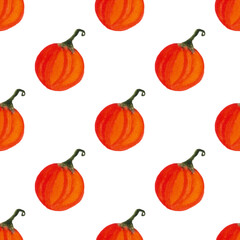 seamless pattern of watercolor pumpkins on white background, hand painted illustration elements