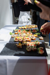 Delicious variety of hors d'oeuvres displayed at a catering event featuring elegant appetizers and vibrant garnishes