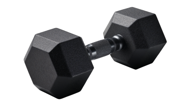 A close-up view of a single black dumbbell, designed with a hexagonal shape. The dumbbell is a symbol of strength and fitness