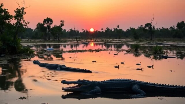 Alligators under the sunset in swamp waters and birds swimming in lake