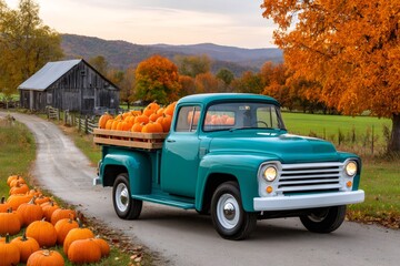 Turquoise vintage truck carrying pumpkins in autumnal farm setting