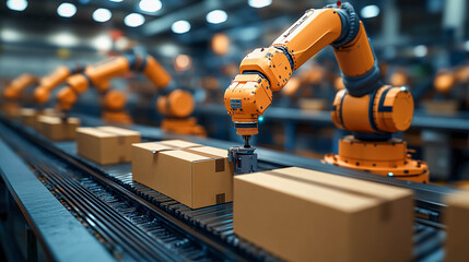 An industrial workshop or warehouse where a robotic arm moves a box along a conveyor belt.