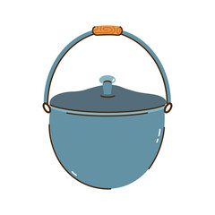 Cauldron vector icon. Steel kettle for camping, hiking, picnic, kitchen. Metal pan with lid, handle for hanging over fire. Hand drawn pot for hot meal. Simple isolated clipart, flat cartoon doodle