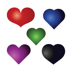 Flat colorful heart shapes vector set featuring shiny, vibrant hearts in different colors – perfect for icons, graphics, and premium design projects.