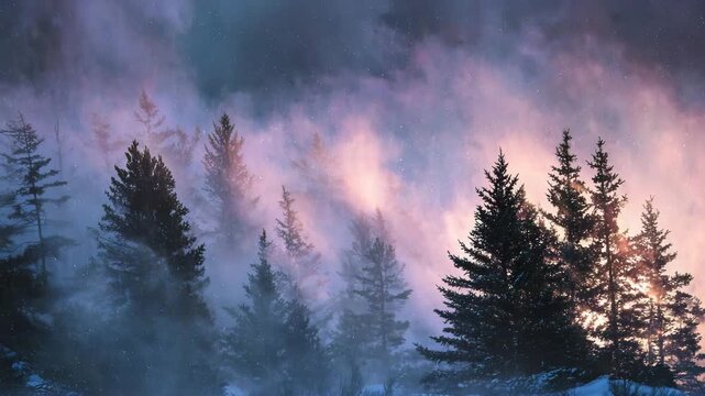 Enigmatic winter scene snow covered pine forest at twilight.  Purple and pink hues in the sky, soft light filtering through the fog.  Dark silhouettes of trees against a magical, starry backdrop.