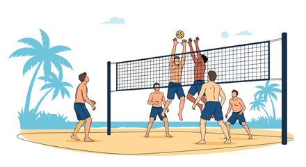 Obraz premium Enjoying a competitive game of beach volleyball under sunny skies with palm trees and ocean views