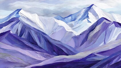 Obraz premium Textured mountain range artwork in shades of purple, blue, and white. Snowy peaks pierce a soft, cloudy sky. Thick brushstrokes create depth and texture