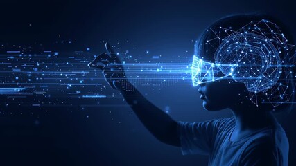 Child exploring virtual reality technology with glowing neural network and digital data streams in futuristic dark blue tones for immersive experience - Powered by Adobe