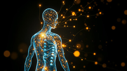 Futuristic human body with glowing neural network connections and golden light particles on dark background, symbolizing energy flow, bioelectricity, and advanced technology