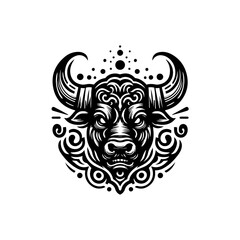 Ornate bull head with tribal patterns and horns