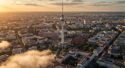 Obraz premium Golden hour over Berlin: A panoramic view of the city skyline with the iconic TV tower