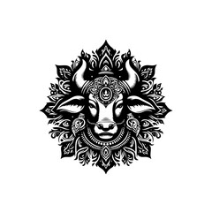 A bulls head adorned with a mandala, isolated on white background