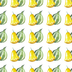seamless pattern of two yellow and green gourds, watercolor illustration elements on white background