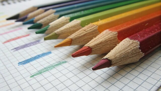 A close up of a row of colored pencils on graph paper with colorful pencil marks on the paper