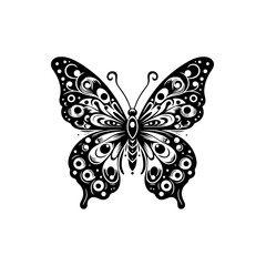 An intricately patterned butterfly with spread wings in black and white