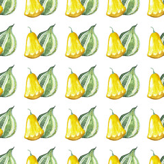 seamless pattern of two yellow and green gourds, watercolor illustration elements on white background