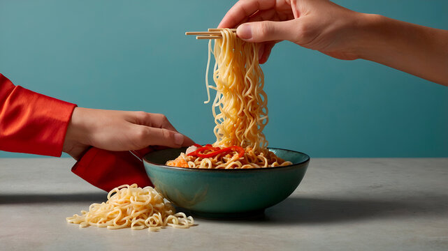 Hands posed like the reference image hold ramen with chopsticks over a vibrant background. Minimalist food concept, clean and colorful.