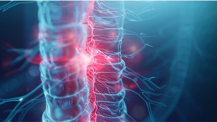Digital concept of human spinal cord and nerves with a red highlighted area, symbolizing pain, inflammation, or neurological injury.