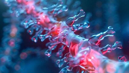Abstract 3D render of microscopic pathogen chain, glowing red and blue. Represents viral infection, cellular activity, or disease spread.