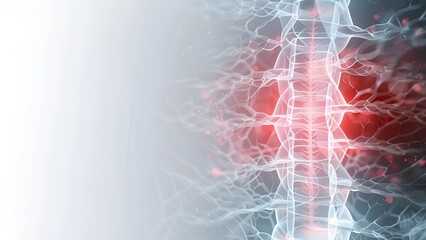 Abstract representation of human spine and nervous system with red glowing pain, inflammation, and neural network connections