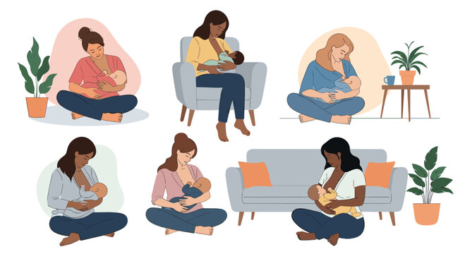 Diverse mothers nurturing their babies through breastfeeding in comfortable home settings