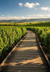 Wooden walkway through lush green vineyard with rolling hills and blue sky