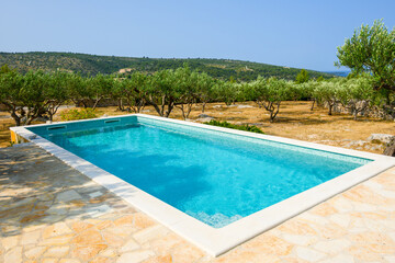 Swimming pool garden and olive trees of typical summer villa on the island of Brac in Croatia