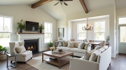 Fototapeta premium farmhouse interior design of modern living room home with vaulted ceiling