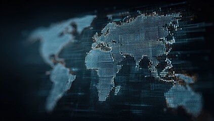 Dotted World Map. Abstract depiction of a world map formed with blue and white dots on a dark background, emphasizing Europe, Asia, and Africa with digital-like lines emanating
